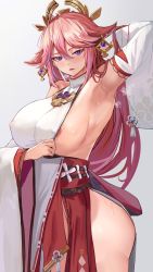 Rule 34 | 1girl, absurdres, animal ears, areola slip, arm behind head, arm up, armpits, bare shoulders, blouse, blush, breasts, covered erect nipples, detached sleeves, fox ears, genshin impact, hair ornament, highres, japanese clothes, jewelry, kimono, large breasts, long hair, looking at viewer, loooyd, necklace, pendant, pink hair, purple eyes, red skirt, shirt, sideboob, sidelocks, skirt, sleeveless, sleeveless kimono, sleeveless shirt, solo, sweat, thighs, very long hair, white kimono, white shirt, wide sleeves, yae miko