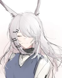 Rule 34 | 1girl, animal ears, arknights, blue vest, closed eyes, facing viewer, frostnova (arknights), hair ornament, hair over one eye, hairclip, highres, joshua (shisanli934), long hair, rabbit ears, scar, scar on face, scar on nose, simple background, sketch, smile, solo, sweater, turtleneck, turtleneck sweater, upper body, vest, white background, white hair