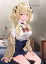 Rule 34 | 1girl, absurdres, bed, blonde hair, blue skirt, blush, bow, breasts, brown cardigan, cardigan, collared shirt, commentary request, demon tail, dress shirt, fang, hair between eyes, highres, indoors, long hair, long sleeves, looking at viewer, medium breasts, off shoulder, on bed, open cardigan, open clothes, original, parted lips, pillow, pleated skirt, pointy ears, red bow, red eyes, shirt, sitting, skirt, sleeves past wrists, solo, subachi, sweat, tail, two side up, white shirt