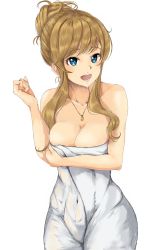 Rule 34 | 1girl, bare shoulders, blonde hair, blue eyes, breast hold, breasts, cleavage, collarbone, gatsby ssl, hair bun, hand up, highres, idolmaster, idolmaster cinderella girls, impossible clothes, jewelry, large breasts, long hair, naked towel, ohtsuki yui, open mouth, pendant, simple background, single hair bun, solo, teeth, towel, wet, white background