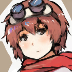 Rule 34 | 1girl, blush, brown eyes, brown hair, goggles, goggles on head, katou keiko, lowres, portrait, red scarf, scarf, shibafu (glock23), short hair, simple background, solo, strike witches, upper body, world witches series