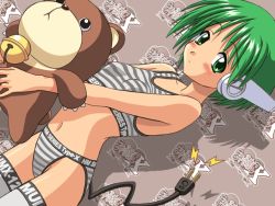 Rule 34 | 1girl, android, bell, bra, doll, electric plug, green eyes, green hair, lingerie, matching hair/eyes, multi (to heart), panties, robot ears, short hair, solo, sports bra, striped bra, striped clothes, striped panties, striped sports bra, stuffed animal, stuffed toy, teddy bear, thighhighs, to heart, to heart (series), underwear, underwear only