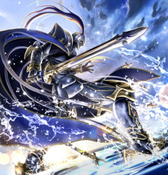 Rule 34 | 1boy, armor, armored boots, arondight (fate), blue hair, boots, day, dutch angle, fate/grand order, fate (series), floating hair, from below, full armor, gauntlets, helmet, highres, holding, holding sword, holding weapon, lancelot (fate/grand order), lens flare, long hair, male focus, masukudo (hamamoto hikaru), outdoors, ponytail, solo, sword, very long hair, water, weapon