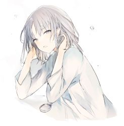 Rule 34 | 1girl, dress, grey eyes, grey hair, hands in hair, hands up, long hair, long sleeves, looking at viewer, lpip, original, parted bangs, parted lips, solo, white background, white dress