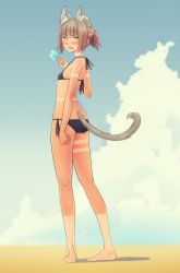 Rule 34 | 1girl, animal ears, ass, barefoot, bikini, blush, breasts, brown hair, cloud, day, earrings, fang, food, from behind, full body, green eyes, highres, jewelry, looking back, mr very, multiple earrings, original, ponytail, popsicle, short hair, sky, small breasts, solo, swimsuit, tail, tan, tanline