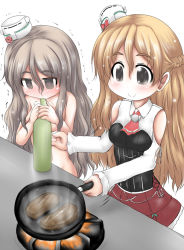 Rule 34 | 10s, 2girls, anchor, bare shoulders, blonde hair, blush, bottle, braid, breasts, brown eyes, censored nipples, commentary request, convenient censoring, cooking, corset, drunk, food, french braid, frying pan, grey hair, hair between eyes, hat, heart, heart-shaped pupils, kantai collection, large breasts, long hair, long sleeves, mini hat, miniskirt, multiple girls, nude, ouno (nounai disintegration), pola (kancolle), shirt, skirt, smile, symbol-shaped pupils, trembling, wavy hair, white shirt, zara (kancolle), zenra