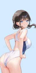 Rule 34 | 1girl, absurdres, artist name, bare arms, bare shoulders, blue eyes, blush, breasts, brown hair, from behind, gradient background, hands on own hips, highleg, highleg swimsuit, highres, long hair, looking at viewer, looking back, medium breasts, mignon, original, oshiego-chan (mignon), parted lips, see-through one-piece swimsuit, simple background, solo, swimsuit, teeth, thighs, twintails, water, water drop, wet, wet clothes