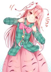 Rule 34 | 1girl, arrow (symbol), bad id, bad twitter id, blush, bow, bubble skirt, collared shirt, cowboy shot, fingersmile, flat chest, forced smile, fox mask, green shirt, hair between eyes, half-closed eyes, hata no kokoro, highres, igayan, leaning to the side, long hair, long sleeves, looking at viewer, mask, pink eyes, pink hair, pink skirt, plaid, plaid shirt, see-through, shiny clothes, shirt, simple background, skirt, slit pupils, smile, solo, thighs, touhou, very long hair, white background