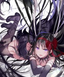Rule 34 | 1girl, akemi homura, akuma homura, argyle, argyle clothes, argyle legwear, bare shoulders, black hair, blush, breasts, cleavage, elbow gloves, feathers, gloves, hair ribbon, highres, hoshii hisa, long hair, looking at viewer, mahou shoujo madoka magica, mahou shoujo madoka magica: hangyaku no monogatari, parted lips, purple eyes, red ribbon, ribbon, small breasts, solo, thighhighs, thighs, very long hair, white background, wings