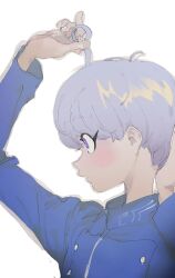 Rule 34 | 1boy, adjusting hair, ahoge, ahoge grab, arm up, blue jacket, commentary request, from side, hand on own head, highres, jacket, long sleeves, male focus, master detective archives: rain code, na 6, parted lips, purple eyes, purple hair, short hair, simple background, solo, upper body, white background, yuma kokohead