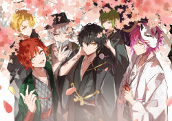 Rule 34 | 2you, 6+boys, a (dear vocalist), absurdres, bishounen, black hair, blonde hair, cherry blossoms, dear vocalist, facing to the side, fox mask, green hair, grey eyes, grey hair, hat, highres, hryc2344, japanese clothes, joshua (dear vocalist), judah (dear vocalist), kimono, long sleeves, looking at viewer, male focus, mask, mask on head, momochi (dear vocalist), multiple boys, one eye closed, pink hair, purple eyes, re-o-do, red hair, short hair, yellow eyes, yukata
