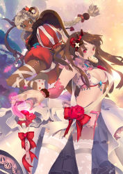 Rule 34 | 2girls, arrow (projectile), bow, bow (weapon), bracelet, braid, breasts, brown hair, cleavage, cookie, dark-skinned female, dark skin, earrings, flower, food, hairband, highres, horns, jewelry, magical girl, medium breasts, multiple girls, nail art, nail polish, nal (nal&#039;s pudding), original, red eyes, rose, sheep horns, thighhighs, weapon, white nails