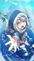 Rule 34 | 1girl, animal hood, blue eyes, commentary, dated, english commentary, fins, fish tail, gawr gura, gawr gura (1st costume), highres, holding, holding weapon, hololive, hololive english, hood, hz (helu 2), looking up, open mouth, outstretched arm, polearm, reaching, reaching towards viewer, shark hood, shark tail, sharp teeth, silver hair, solo, tail, teeth, trident, underwater, virtual youtuber, weapon