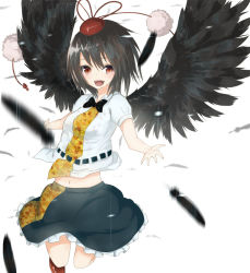 Rule 34 | 1girl, :d, black hair, black wings, blurry, depth of field, feathered wings, feathers, hat, la-na, looking at viewer, navel, open mouth, outstretched arms, pom pom (clothes), red eyes, shameimaru aya, short hair, smile, solo, spread arms, tokin hat, touhou, wings
