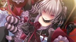 Rule 34 | 1girl, black choker, black hairband, blurry, blurry background, cat tail, choker, collarbone, colored eyelashes, dress, dutch angle, evil grin, evil smile, eyelashes, flower, foreshortening, frilled choker, frills, game cg, gothic lolita, grey hair, grin, hair between eyes, hair intakes, hair ornament, hair ribbon, hairband, hapymaher, highres, hug, indoors, juliet sleeves, koku, lolita fashion, long ribbon, long sleeves, looking at viewer, medium hair, naitou maia, non-web source, official art, petite, pov, puffy sleeves, red eyes, red flower, red ribbon, red rose, revision, ribbon, rose, shaded face, sharp teeth, slit pupils, smile, solo, striped clothes, striped thighhighs, tail, teeth, thighhighs, tsurime, two side up