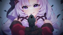 Rule 34 | 1girl, :q, aiming, aiming at viewer, bare shoulders, beretta 92, black gloves, blush, closed mouth, commentary, dress, drill hair, english commentary, eyelashes, gem, gloves, gun, hair ornament, hair ribbon, hako sketch, handgun, hands up, highres, holding, holding gun, holding weapon, hyakumantenbara salome, hyakumantenbara salome (1st costume), long hair, looking at viewer, nijisanji, off-shoulder dress, off shoulder, parted bangs, portrait, purple eyes, purple hair, purple ribbon, red dress, ribbon, sidelocks, smile, solo, star (symbol), star in eye, symbol in eye, tongue, tongue out, upper body, virtual youtuber, weapon