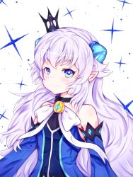 Rule 34 | 1girl, blackwatchar, blue eyes, bow, brooch, cowboy shot, crown, demon power (elsword), detached sleeves, elsword, jewelry, long hair, looking at viewer, luciela r. sourcream, mini crown, smile, solo, white background, white bow, white hair