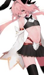 Rule 34 | 1boy, absurdres, astolfo (fate), astolfo (saber) (fate), bare shoulders, black bow, black bowtie, black ribbon, black shirt, black skirt, black thighhighs, blush, bow, bowtie, crop top, detached sleeves, fate/grand order, fate (series), hair intakes, highres, long hair, long sleeves, looking at viewer, low twintails, male focus, midriff, multicolored hair, navel, parted lips, pink hair, pleated skirt, purple eyes, ribbon, shirt, simple background, skirt, solo, streaked hair, thighhighs, thighs, trap, tsunami samemaru, twintails, white background, white hair, wide sleeves