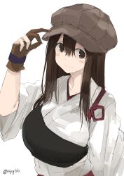 Rule 34 | 10s, 1girl, absurdres, adjusting clothes, adjusting headwear, akagi (kancolle), breasts, brown eyes, brown gloves, brown hair, cabbie hat, collarbone, fingerless gloves, gloves, hat, highres, kantai collection, large breasts, looking at viewer, muneate, nao (qqqbb), partially fingerless gloves, partly fingerless gloves, simple background, smile, solo, twitter username, white background, wide sleeves, yugake