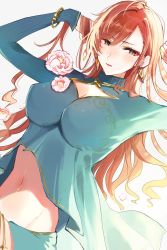 Rule 34 | 1girl, arisugawa natsuha, arms up, blush, breasts, chinese clothes, cleavage cutout, clothing cutout, crop top, dress, dutch angle, green dress, groin, highres, idolmaster, idolmaster shiny colors, large breasts, long hair, looking at viewer, nasu bacon, navel, orange hair, simple background, solo, taut clothes, very long hair