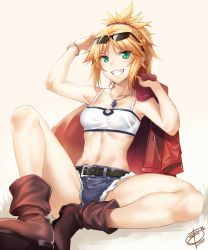 Rule 34 | 1girl, bandeau, belt, blonde hair, boots, braid, breasts, brown footwear, cropped jacket, cutoffs, denim, denim shorts, eyewear on head, fate/apocrypha, fate (series), french braid, gradient background, green eyes, grey background, grin, jacket, jewelry, looking at viewer, medium breasts, mordred (fate), mordred (fate/apocrypha), mordred (memories at trifas) (fate), navel, okitakung, pendant, ponytail, red jacket, short shorts, shorts, sitting, smile, solo, stomach, sunglasses, teeth, thighs, unworn jacket, v-shaped eyebrows