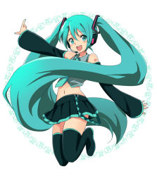 Rule 34 | 1girl, :d, aqua eyes, aqua hair, bare shoulders, black thighhighs, blush, detached sleeves, hatsune miku, ica, long hair, navel, open mouth, outstretched arm, skirt, smile, solo, thighhighs, twintails, very long hair, vocaloid