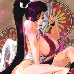 Rule 34 | 1girl, black hair, breasts, cleavage, hand fan, fatal fury, fingerless gloves, folding fan, gloves, japanese clothes, large breasts, lipstick, lowres, makeup, ponytail, shiranui mai, side slit, sideboob, snk, solo, the king of fighters, tom (leciel2010)
