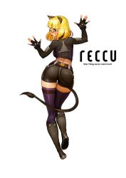 Rule 34 | 1girl, animal ears, artist name, bad id, bad pixiv id, bent over, black thighhighs, blonde hair, blue eyes, blush, boots, facial mark, fingerless gloves, full body, glasses, gloves, looking back, parted lips, reccu, short hair, short shorts, shorts, solo, tail, thigh strap, thighhighs, whisker markings, white background
