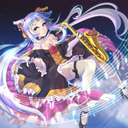 Rule 34 | 1girl, animal ears, bad id, bad pixiv id, bare shoulders, bass guitar, blunt bangs, breasts, cat ears, chipmunk, choker, cleavage, dress, flower, frilled choker, frilled dress, frills, garter straps, gloves, highres, instrument, long hair, musical note, original, pecolondon, rose, saxophone, silver hair, small breasts, smile, squirrel, thighhighs, trumpet, very long hair, white gloves, white thighhighs, yellow eyes