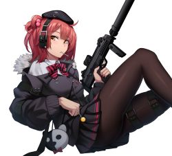 Rule 34 | 1girl, ahoge, beret, black pantyhose, breasts, candy, cero (last2stage), commission, food, fur trim, girls&#039; frontline, gun, h&amp;k mp7, hair ornament, hat, headphones, highres, holding, jacket, knee up, lollipop, looking at viewer, machine pistol, medium breasts, mp7 (girls&#039; frontline), one side up, pantyhose, personal defense weapon, pixiv commission, ponytail, red hair, shirt, simple background, skirt, solo, submachine gun, suppressor, thigh strap, weapon, white background, yellow eyes