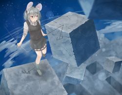 Rule 34 | 1girl, animal ears, blush, cube, dowsing rod, dress, full body, grey hair, highres, jewelry, kneehighs, looking away, looking down, mouse ears, mouse tail, nazrin, necklace, netamaru, open mouth, red eyes, shoes, short hair, short sleeves, socks, solo, standing, standing on one leg, sweatdrop, tail, touhou