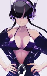 Rule 34 | 1girl, absurdres, black hair, blue eyes, bra, breasts, creatures (company), dress, elesa (pokemon), game freak, headphones, highres, large breasts, long hair, looking at viewer, nintendo, open clothes, open shirt, pokemon, pokemon bw2, smile, solo, underwear, undressing, vivivoovoo, waifu2x, white background