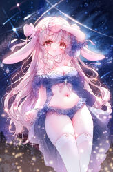 Rule 34 | 1girl, :d, absurdres, animal ears, arm up, blue panties, blue sleeves, blush, breasts, cleavage, commentary, detached sleeves, frilled panties, frills, grey hair, highres, long hair, looking at viewer, medium breasts, open mouth, original, panties, puffy short sleeves, puffy sleeves, rabbit ears, red eyes, see-through, see-through sleeves, short sleeves, skindentation, smile, solo, symbol-only commentary, tandohark, thighhighs, underwear, very long hair, white thighhighs