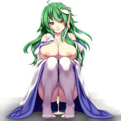Rule 34 | 1girl, aftersex, ahegao, ahoge, blush, breasts, censored, cum, cum in pussy, cum pool, cumdrip, detached sleeves, frog, frog hair ornament, green hair, hair ornament, highres, huge breasts, kochiya sanae, large breasts, long hair, nipples, pussy, revision, saliva, snake, solo, squatting, sweat, thighhighs, tongue, tongue out, touhou, transparent censoring, tro, yellow eyes