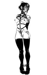 Rule 34 | 1girl, ankle cuffs, arms behind back, bdsm, bondage, bondage gear, boots, bound, breasts, breasts out, canon genderswap, chest tattoo, cleft of venus, earrings, elbow gloves, female focus, female pubic hair, full body, genderswap, genderswap (mtf), gloves, harness, high heel boots, high heels, highres, jewelry, medium breasts, monochrome, nipple piercing, nipples, one piece, piercing, pubic hair, pubic tattoo, pussy, pussy juice, short hair, shoulder tattoo, solo, standing, tapc, tattoo, thigh boots, thighhighs, tongue piercing, trafalgar law