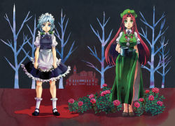 Rule 34 | 2girls, blood, blue eyes, braid, breasts, chinese clothes, female focus, flower, green eyes, hat, hong meiling, izayoi sakuya, large breasts, long hair, maid, maid headdress, miero, multiple girls, red hair, scarlet devil mansion, short hair, silver hair, embodiment of scarlet devil, touhou, twin braids