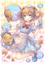 Rule 34 | 1girl, :d, blue eyes, blush, bow, bread, brown hair, coa (chroo x), food, hair bow, hair ribbon, hal, looking at viewer, mittens, open mouth, ribbon, smile, solo, stuffed animal, stuffed cat, stuffed toy, two side up, yuuki-tan