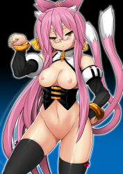 Rule 34 | 1girl, animal ears, arc system works, bare shoulders, bell, black socks, blazblue, blush, bow, breasts, cat ears, cat girl, cat tail, cleavage, corset, cosplay, detached sleeves, female focus, glasses, gloves, hand on own hip, hip focus, kneehighs, kokonoe (blazblue), long hair, maid, midriff, multiple tails, nipples, no panties, orange eyes, paw pose, pink hair, ponytail, pussy, ribbon, socks, solo, tail, tanabe (studio tiamat), thighhighs, twintails, uncensored, uniform, very long hair, yellow eyes, yellow ribbon