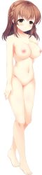 Rule 34 | 1girl, absurdres, arm at side, barefoot, blush, braid, breasts, brown eyes, brown hair, collarbone, completely nude, copyright request, forearm at chest, french braid, full body, highres, large breasts, long hair, long image, looking at viewer, navel, nipples, no pussy, non-web source, nude, smile, solo, standing, tall image, transparent background
