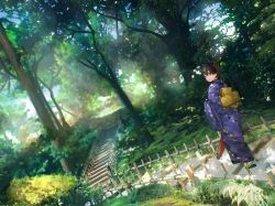 Rule 34 | 1girl, brown eyes, brown hair, dappled sunlight, forest, japanese clothes, kimono, long hair, nature, original, pole, ponytail, pupps, scenery, solo, sunlight, tree
