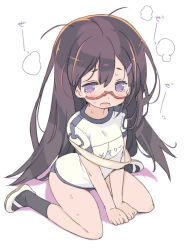 Rule 34 | 1girl, blade (galaxist), blush, exhausted, full body, glasses, gym uniform, hair ornament, hairclip, long hair, mary lane, messy hair, open mouth, pop-up story, purple eyes, purple hair, red-framed eyewear, semi-rimless eyewear, simple background, sitting, solo, sweat, tears, wariza, white background
