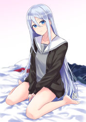 Rule 34 | 1girl, akira miku ver, bare legs, barefoot, bed sheet, between legs, black cardigan, blue eyes, blurry, blurry background, bottomless, cardigan, closed mouth, collarbone, full body, grey hair, hair between eyes, hand between legs, highres, long hair, long sleeves, looking at viewer, open cardigan, open clothes, project sekai, sailor collar, sitting, solo, straight hair, very long hair, wariza, white sailor collar, yoisaki kanade