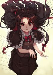 Rule 34 | 10s, 1girl, board game, bow, brown capelet, brown hair, brown skirt, brown vest, capelet, commentary request, floating hair, folded fan, folding fan, frilled capelet, frills, gradient hair, hair bow, hand fan, highres, holding, holding fan, long hair, looking at viewer, mugcup, multicolored hair, one side up, parted lips, pleated skirt, red bow, red eyes, red hair, ryuuou no oshigoto!, seiza, shirt, shogi, short sleeves, sitting, skirt, solo, two-tone hair, v-shaped eyebrows, very long hair, vest, white shirt, yashajin ai