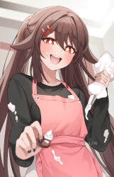 Rule 34 | 1girl, alternate costume, black nails, black sweater, brown hair, candy, chocolate, chocolate heart, flower-shaped pupils, food, genshin impact, gya (144), hair between eyes, hair ornament, hairclip, heart, highres, holding, hu tao (genshin impact), long hair, long sleeves, looking at viewer, open mouth, overalls, pink overalls, red eyes, smile, solo, sweater, symbol-shaped pupils, twintails, whipped cream