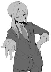Rule 34 | 1boy, afuro terumi, aged up, formal, greyscale, inazuma eleven (series), inazuma eleven go, long hair, male focus, monochrome, multicolored hair, necktie, one eye closed, ponytail, simple background, solo, suit, tokio neo, two-tone hair, white background, wink
