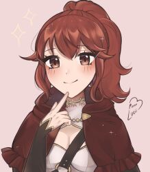 Rule 34 | 1girl, anna (fire emblem), blush, breasts, brown eyes, cape, cleavage, commentary, finger to own chin, fire emblem, hand up, highres, index finger raised, looking at viewer, medium breasts, nintendo, pink background, ponytail, purrlucii, red cape, red hair, short hair, simple background, smile, solo, upper body