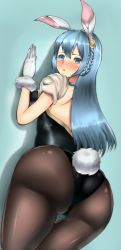 Rule 34 | 10s, 1girl, against wall, animal ears, ass, back, blue eyes, blue hair, blush, fake animal ears, from behind, gloves, granblue fantasy, huge ass, leotard, long hair, looking at viewer, matching hair/eyes, open mouth, pantyhose, parted lips, playboy bunny, rabbit ears, rabbit tail, shiny clothes, shiny skin, shiratama, solo, tail, therese (granblue fantasy)
