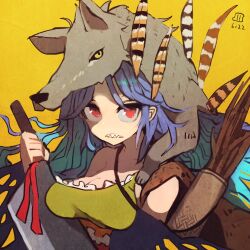 Rule 34 | 1girl, blue hair, breasts, cleavage, dated, holding, holding knife, knife, large breasts, long hair, maaru (akira428), one-hour drawing challenge, pelt, red eyes, sakata nemuno, sharp teeth, simple background, single strap, solo, teeth, touhou, upper body, yellow background