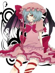 Rule 34 | 1girl, bad id, bad pixiv id, bat wings, blue hair, bow, female focus, hat, highres, red eyes, remilia scarlet, ribbon, short hair, sitting, solo, touhou, waiko, white background, wings