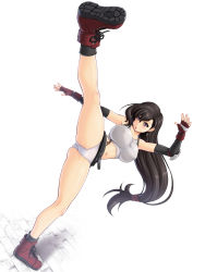 Rule 34 | 1girl, abu, bare legs, black hair, black skirt, breasts, brown eyes, covered erect nipples, final fantasy, final fantasy vii, fingerless gloves, full body, gloves, high kick, highres, kicking, large breasts, long hair, low-tied long hair, midriff, miniskirt, navel, open mouth, panties, red footwear, red gloves, shoes, simple background, skirt, solo, standing, standing on one leg, tifa lockhart, underwear, upskirt, white background, white panties